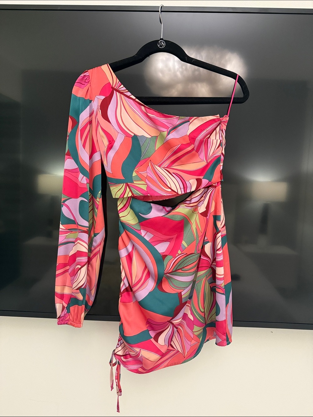Etiquette Clothiers One-Shoulder Floral Print Dress in Pink and Green